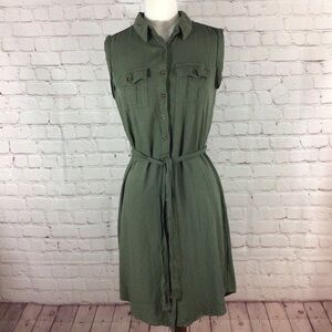 Women’s New Look Green Sleeveless Belted Button Down Collared Dress - Si…